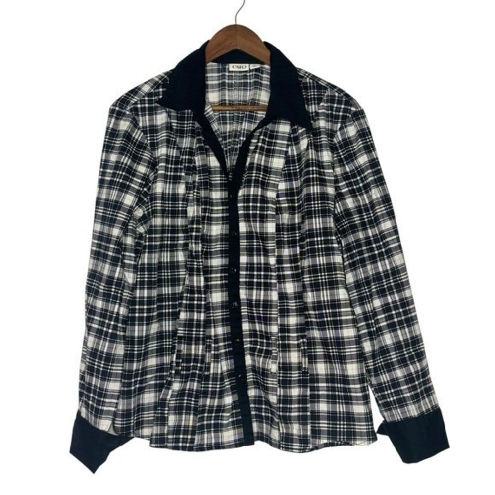 Cato Plaid Button Down Shirt‎ Long Sleeve Collared Black White XL